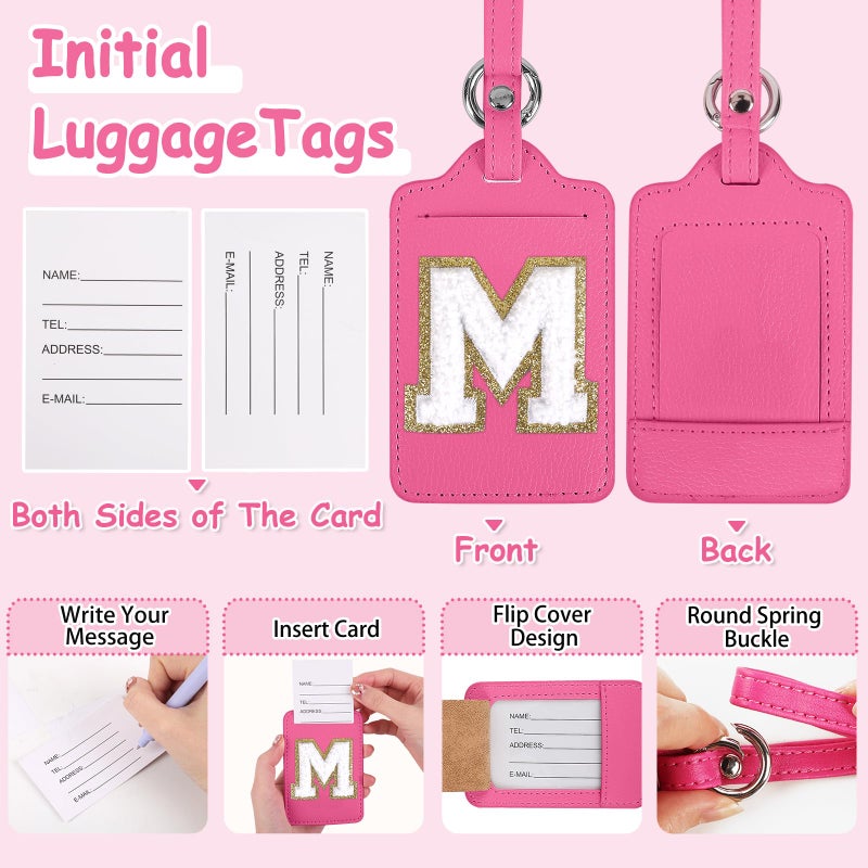 Iqimott Personalized Initial Luggage Tags for Suitcases, Cute PU Leather Travel Letter Luggage Tags,Suitcase Identifier Name Baggage Tag,Bag Tags for Men Women Kids Luggage Handbags(Rosered-White M) - Image 3