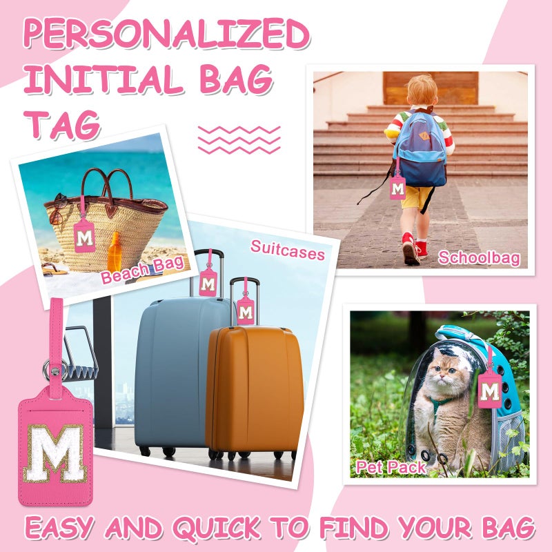 Iqimott Personalized Initial Luggage Tags for Suitcases, Cute PU Leather Travel Letter Luggage Tags,Suitcase Identifier Name Baggage Tag,Bag Tags for Men Women Kids Luggage Handbags(Rosered-White M) - Image 5