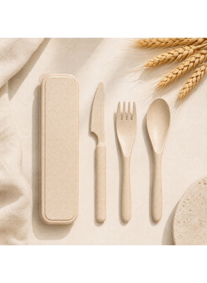 Reusable Wheat Straw Cutlery Set with Case, Portable Spoon Fork and Knife Travel Utensils, Beige - Image 1