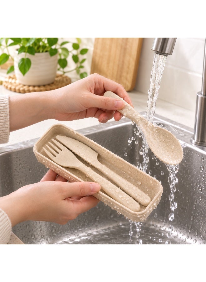 Reusable Wheat Straw Cutlery Set with Case, Portable Spoon Fork and Knife Travel Utensils, Beige - Image 4