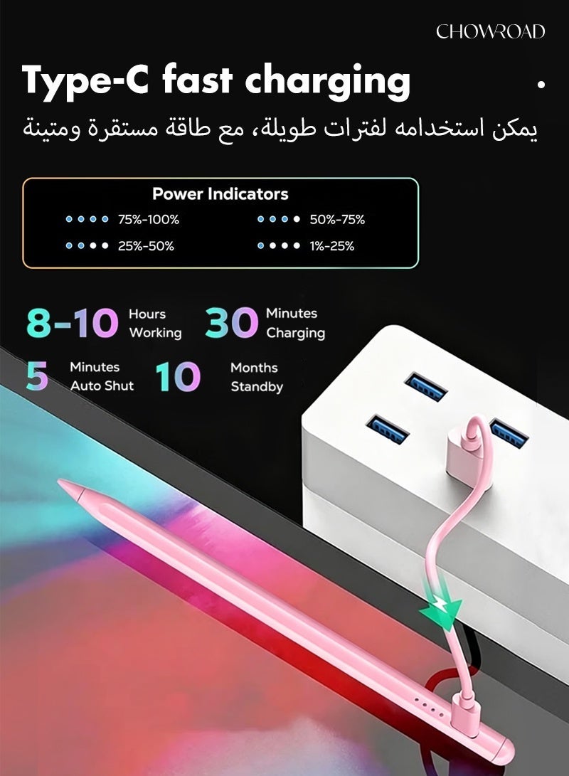 تشورود قلم ستيلاس لآيباد الجيلين التاسع والعاشر، قلم آبل بيسكل سريع الشحن، قلم آيباد للآيباد 2018-2025، قلم آيباد للآيباد برو 11/12.9 جيل 3/4/5، قلم آيباد ميني 5/6، آيباد 6/7/8، آيباد إير 3/4/5 (الوردي) - Image 3