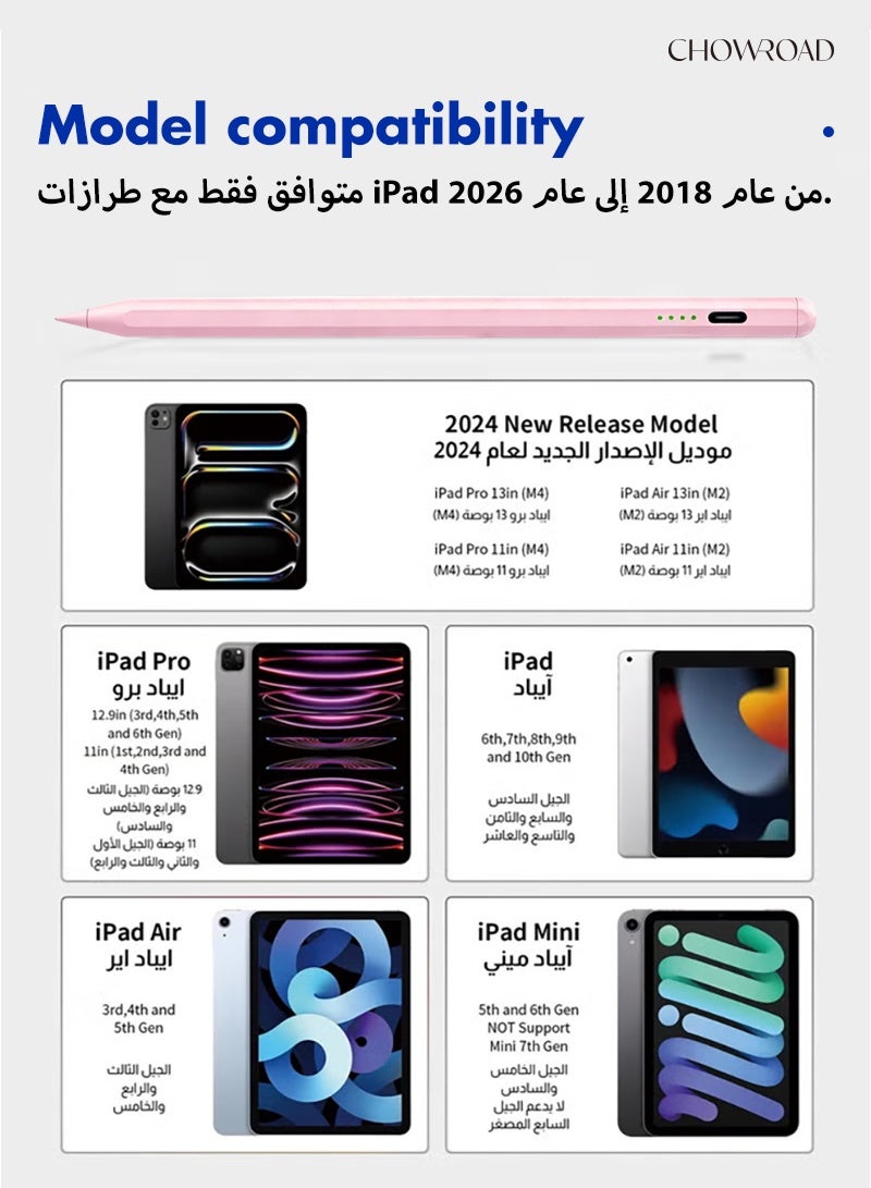 تشورود قلم ستيلاس لآيباد الجيلين التاسع والعاشر، قلم آبل بيسكل سريع الشحن، قلم آيباد للآيباد 2018-2025، قلم آيباد للآيباد برو 11/12.9 جيل 3/4/5، قلم آيباد ميني 5/6، آيباد 6/7/8، آيباد إير 3/4/5 (الوردي) - Image 5