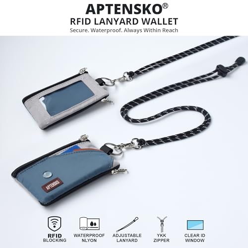 APTENSKO RFID Blocking Travel Wallet with Adjustable Lanyard, Small Nylon Zipper Pouch and Badge Holder for ID, Credit Cards, Cash, Keys, Commuters (SlateBlue+Grey) - Image 2