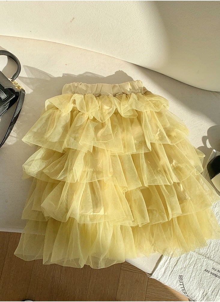 Loquat Girls Solid Color Tutu Skirts Kids Fashion 5-Layer Ruffle Tulle Fluffy Elastic Waist Gauze Skirt Yellow 