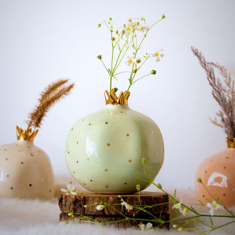 Glimpse Homes Glimpse Homes Ceramic Pomegranate Showpiece with Gold Plated Crown Artificial Fruit 4 inch Mint Green