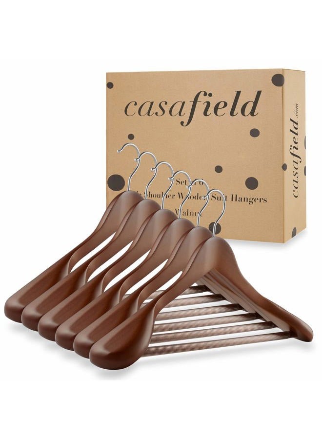 Casafield 6 Walnut Wide Shoulder Wooden Suit Hangers - Premium Lotus Wood, Non-Slip Pant Bar & Chrome Swivel Hook for Dress Clothes, Coats, Jackets, Pants, Shirts, Skirts - Image 4