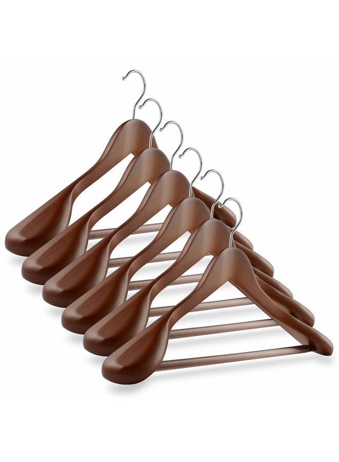 Casafield 6 Walnut Wide Shoulder Wooden Suit Hangers - Premium Lotus Wood, Non-Slip Pant Bar & Chrome Swivel Hook for Dress Clothes, Coats, Jackets, Pants, Shirts, Skirts - Image 1