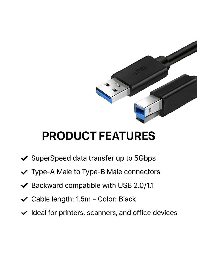 FUJISHKA USB 3.0 Type A to Type B Printer Cable – High-Speed FAST USB 3.0 Lead – Black – 1.5m - Image 3