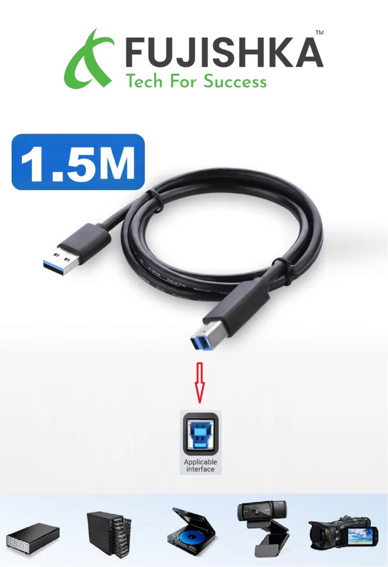 فوجيشكا كابل طابعة USB 3.0 نوع A إلى نوع B – نقل بيانات فائق السرعة 5Gbps – أسود – طول 1.5 متر - Image 1