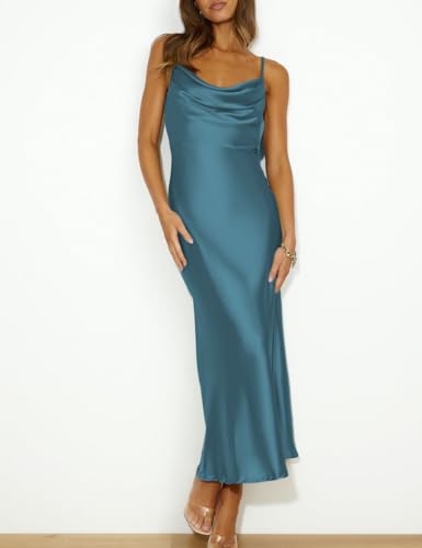 Mogidol Summer Satin Spaghetti Strap Cowl Neck Backless Midi Dresses for Women Elegant Tie Low Back Ruched Cocktail Dress Darkblue - Image 4
