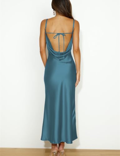 Mogidol Summer Satin Spaghetti Strap Cowl Neck Backless Midi Dresses for Women Elegant Tie Low Back Ruched Cocktail Dress Darkblue - Image 2