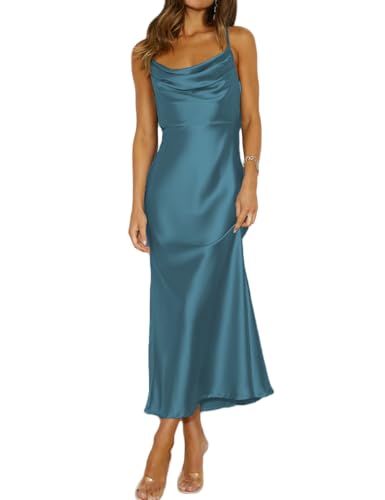 Mogidol Summer Satin Spaghetti Strap Cowl Neck Backless Midi Dresses for Women Elegant Tie Low Back Ruched Cocktail Dress Darkblue - Image 5