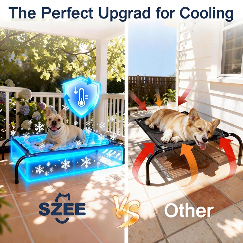SZEE Raised Dog Bed with Detachable 2-Sided Cooling/Warming Waterproof Mat, Elevated Dog Cot Bed for Medium Sized Breeds with Durable Steel Frame & Sturdy Teslin Mesh, Outdoor & Indoor All-Season Use - Image 2