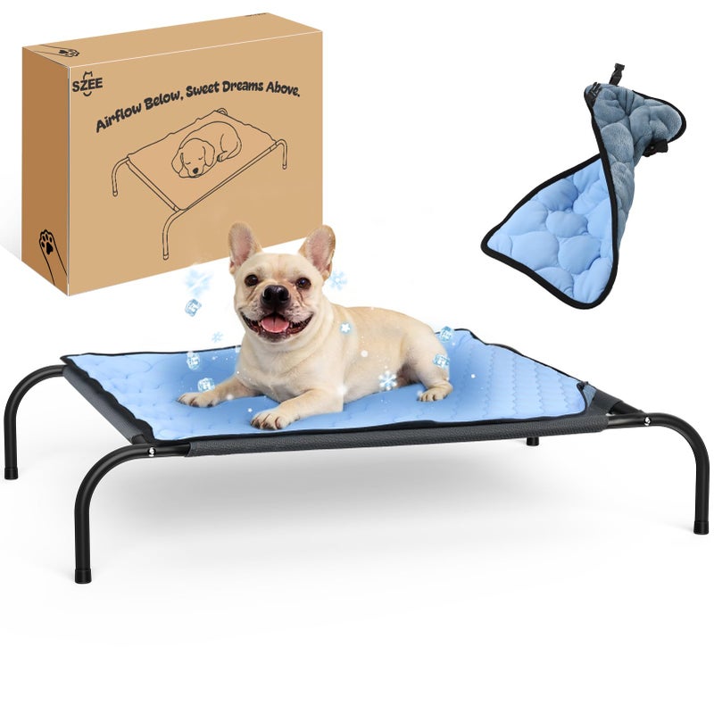 SZEE Raised Dog Bed with Detachable 2-Sided Cooling/Warming Waterproof Mat, Elevated Dog Cot Bed for Medium Sized Breeds with Durable Steel Frame & Sturdy Teslin Mesh, Outdoor & Indoor All-Season Use - Image 1