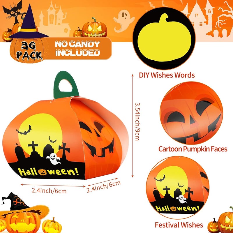 klarako 36 Pieces Halloween Pumpkin Candy Boxes Trick or Treat Favor Boxes Halloween Treat Goodie Boxes Halloween Paper Container Favor Candy Bags for Kids Halloween Party Decorations, 2.4 x 2.4 x 3.5 Inches - Image 2