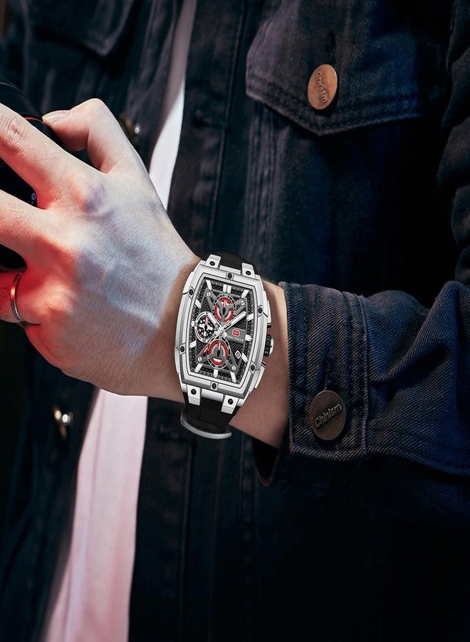 MF MINI FOCUS Men's Watch Analog Waterproof Fashion Date Wrist Watch, Skeleton Tonneau Watch for Men with Chronograph,Ideal for Sports Enthusiasts and Daily Wear - Perfect Gifts for Men, Silver - Image 3