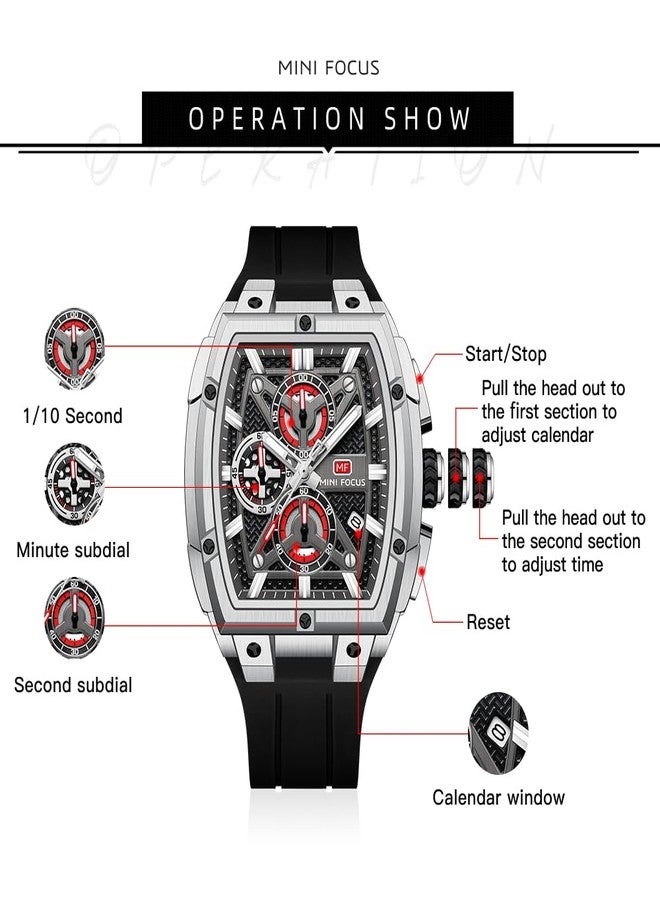 MF MINI FOCUS Men's Watch Analog Waterproof Fashion Date Wrist Watch, Skeleton Tonneau Watch for Men with Chronograph,Ideal for Sports Enthusiasts and Daily Wear - Perfect Gifts for Men, Silver - Image 5