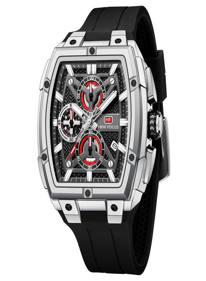 MF MINI FOCUS Men's Watch Analog Waterproof Fashion Date Wrist Watch, Skeleton Tonneau Watch for Men with Chronograph,Ideal for Sports Enthusiasts and Daily Wear - Perfect Gifts for Men, Silver - Image 1