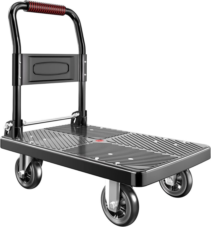 Folding Trolley, 606 lb Heavy-Duty Luggage Cart, Multi-Purpose Platform Trolley, 4 Wheels, Suitable for Luggage Transport, Travel, Moving, Shopping, and Office Use, Black