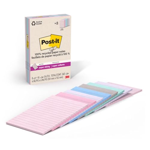 Post It Post-it 100% Recycled Paper Super Sticky Notes, Lined, 4 in. x 6 in., 8 Pads, 45 Sheets per Pad, Wanderlust Pastels, School Supplies and Office Products - Image 1