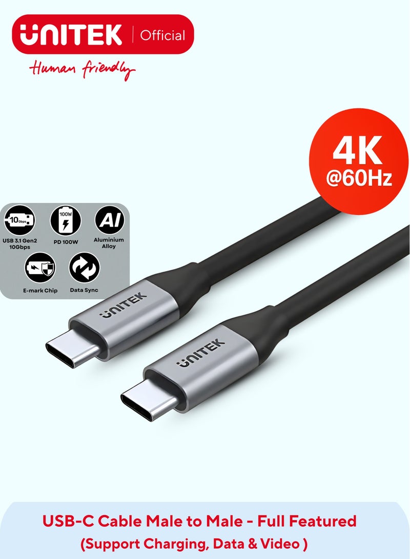 UNITEK كابل شحن سريع USB-C 100 واط PD، كابل فيديو USB-C 4K@60Hz، نقل بيانات 10 جيجابت في الثانية (USB 3.2 الجيل 2)، متوافق مع Thunderbolt 3، كابل USB-C ذكر إلى ذكر، 1م/2م. - Image 1