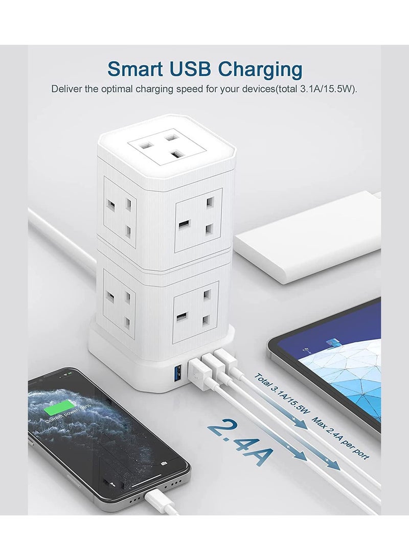 CAROSKI - CAROSKI Tower Extension Cord 9-Power Socket 13 Ampere with 4 USB Charger Station - Fire Retardant Multi-Plug Office Supplies Protected Extension Cord - Stackable Extension Tower - Image 1