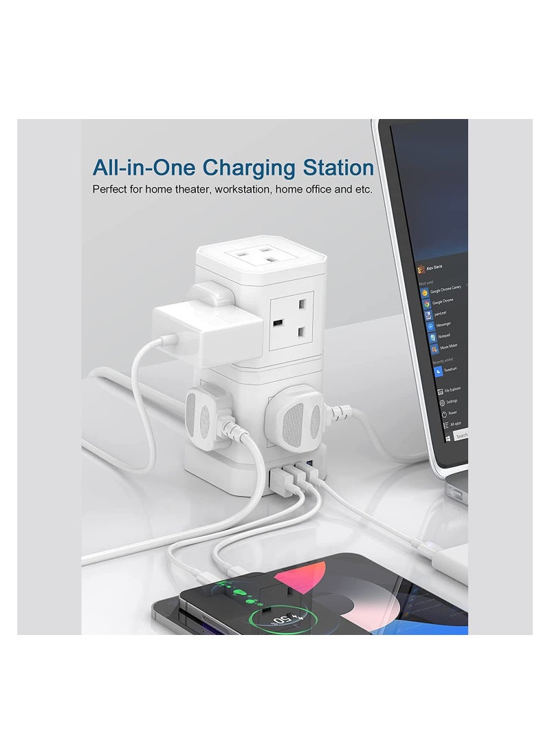 CAROSKI - CAROSKI Tower Extension Cord 9-Power Socket 13 Ampere with 4 USB Charger Station - Fire Retardant Multi-Plug Office Supplies Protected Extension Cord - Stackable Extension Tower - Image 1