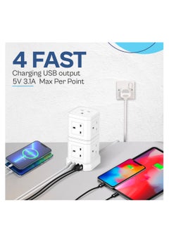 CAROSKI CAROSKI Tower Extension Cord 9-Power Socket 13 Ampere with 4 USB Charger Station - Fire Retardant Multi-Plug Office Supplies Protected Extension Cord - Stackable Extension Tower  - Image 2