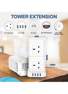 CAROSKI CAROSKI Tower Extension Cord 9-Power Socket 13 Ampere with 4 USB Charger Station - Fire Retardant Multi-Plug Office Supplies Protected Extension Cord - Stackable Extension Tower  - Image 5