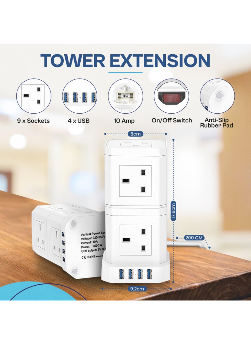 CAROSKI - CAROSKI Tower Extension Cord 9-Power Socket 13 Ampere with 4 USB Charger Station - Fire Retardant Multi-Plug Office Supplies Protected Extension Cord - Stackable Extension Tower - Image 1