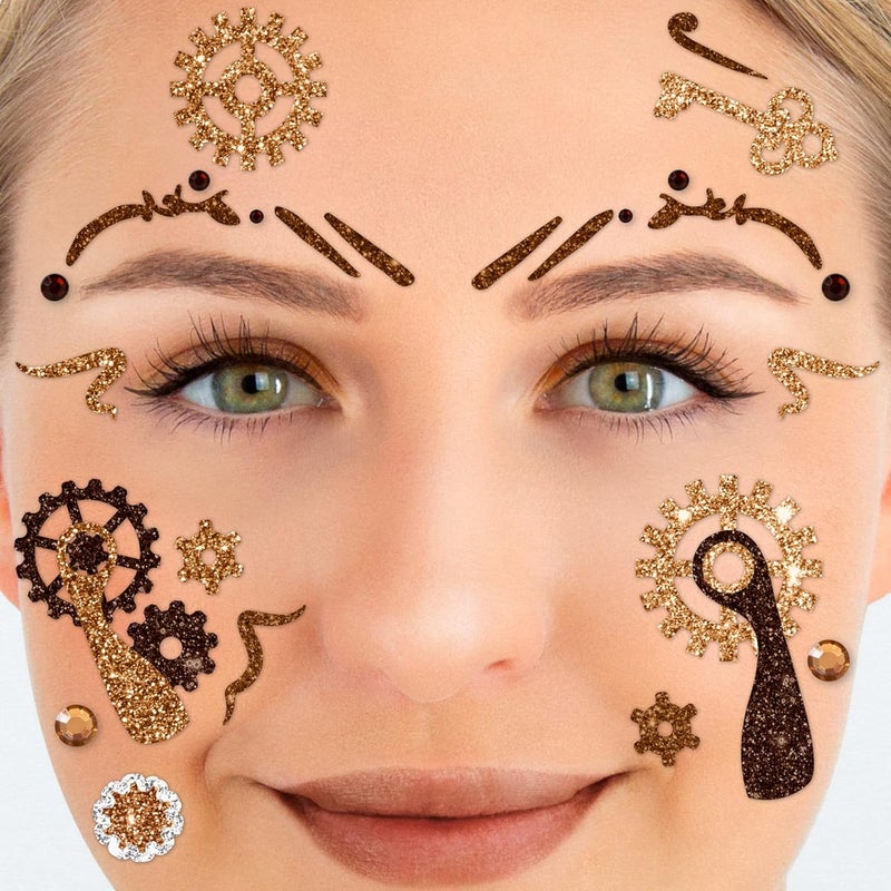 Party Factory Demand-based stock planning Face Tattoo Steampunk, Temporary Glitter Face Tattoo for Theme Party, Halloween & Carnival, Children & Adults Seasonal & permanent compatible - Image 1