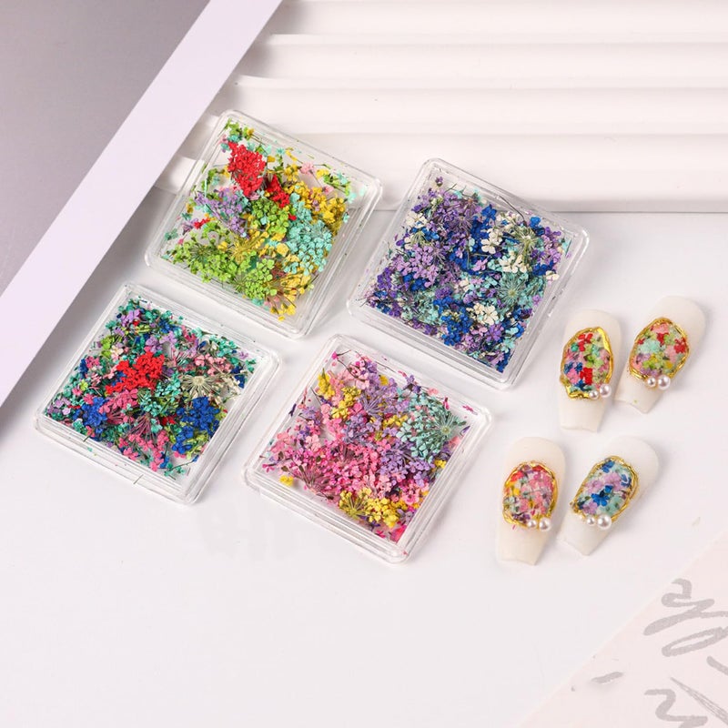 WOKOTO 4 Boxes Vibrant Colors Tiny Dried Flowers Nail Art Stickers 3D Spring Floral Nail Decals Colorful Dry Flowers Nail Stickers Mini Real Nail Flower Set for Women Girls Nail Decorations DIY Craft - Image 5