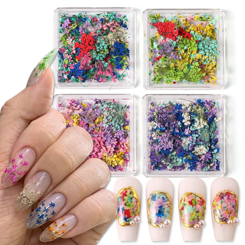 WOKOTO 4 Boxes Vibrant Colors Tiny Dried Flowers Nail Art Stickers 3D Spring Floral Nail Decals Colorful Dry Flowers Nail Stickers Mini Real Nail Flower Set for Women Girls Nail Decorations DIY Craft - Image 3