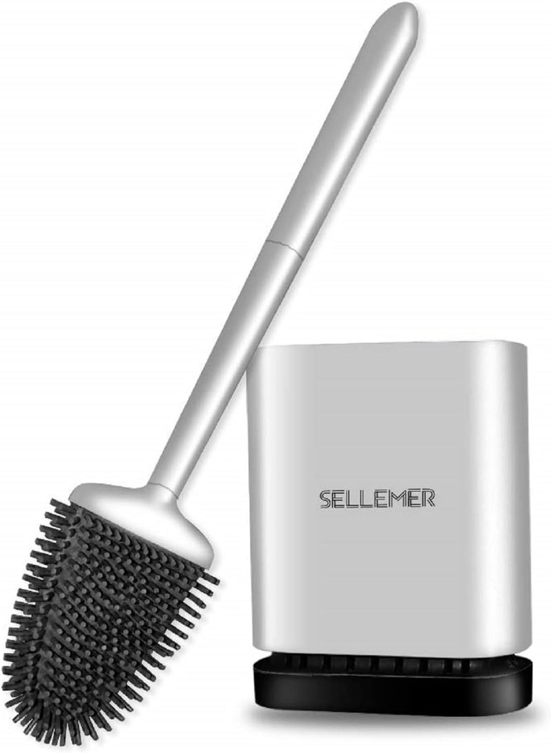 Sellemer مجموعة فرشاة وحامل المرحاض من Sellemer - رأس فرشاة مرحاض مرن بشعيرات سيليكون، حجم مضغوط للتخزين والتنظيم، قاعدة ذات فتحات تهوية (عبوة واحدة، فضي) - Image 1