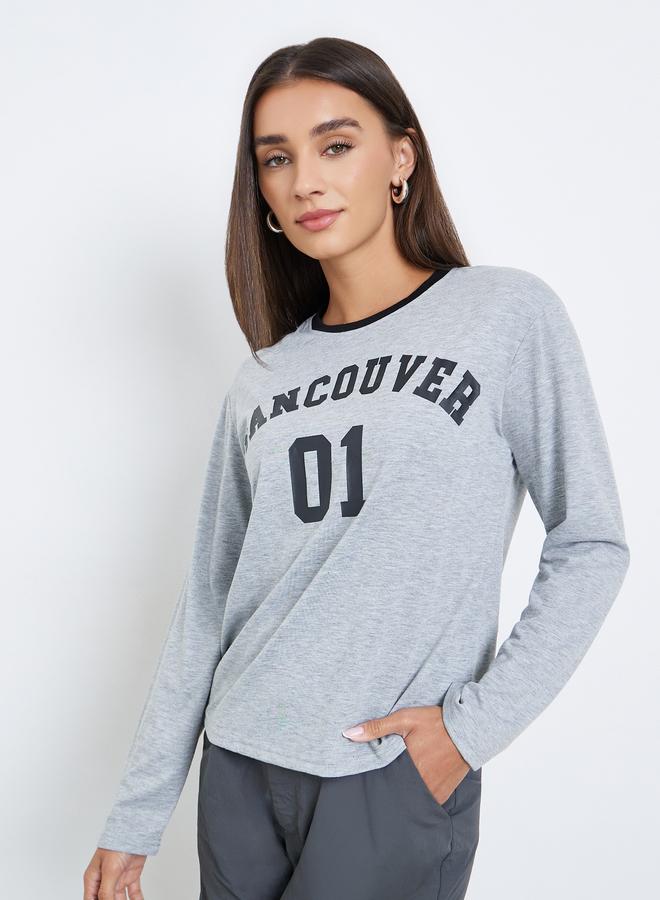 Styli Grey Slogan Print Long Sleeve T-Shirt - Image 3