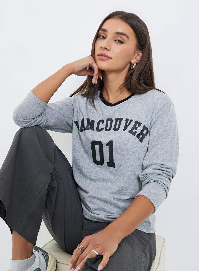 Styli Grey Slogan Print Long Sleeve T-Shirt - Image 1