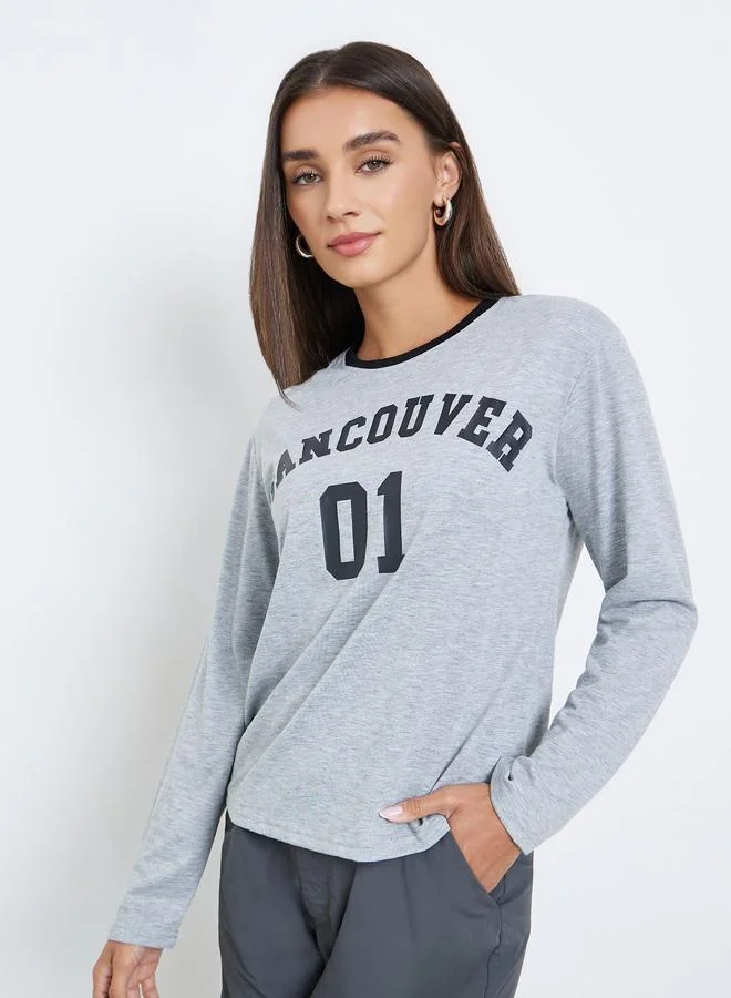 Styli Grey Slogan Print Long Sleeve T-Shirt