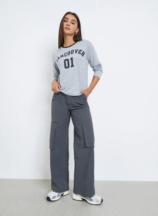 Styli Grey Slogan Print Long Sleeve T-Shirt
