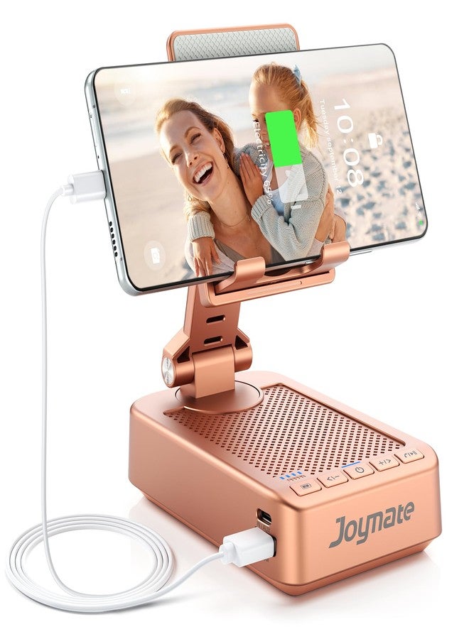 JOYMATE هدايا للنساء والفتيات، حامل هاتف بلوتوث من جويميت مع وظيفة الشحن، قابل للدوران 360 درجة، حامل هاتف قابل للتعديل مع صوت محيطي عالي الدقة، مناسب لجميع الهواتف والأجهزة اللوحية (ذهبي وردي) - Image 1