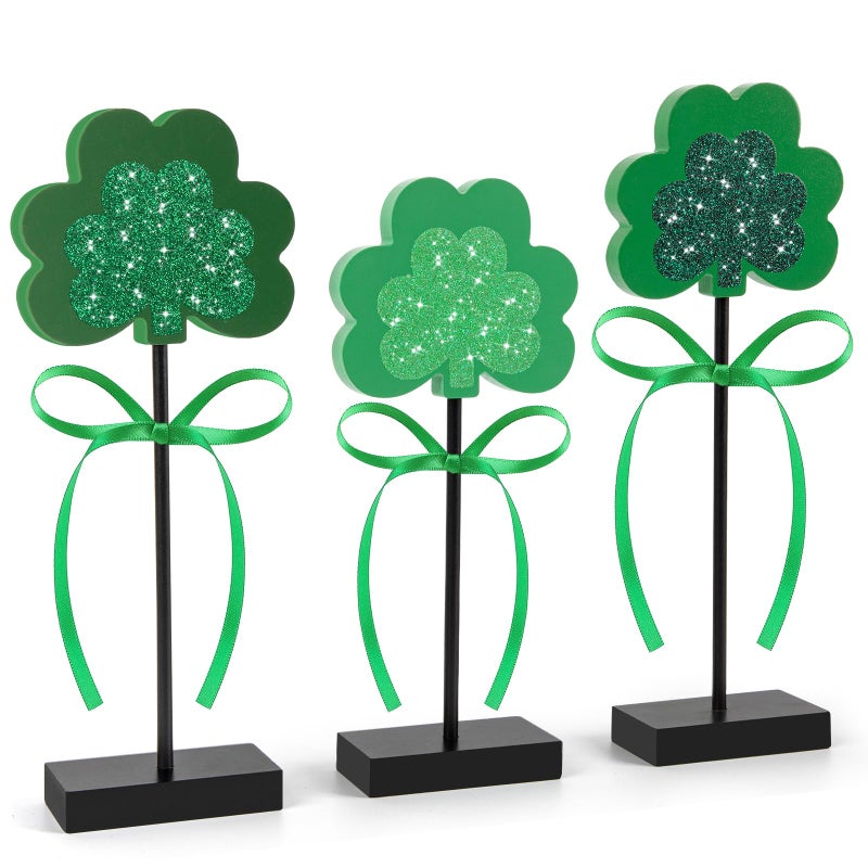 Hedeey 3 Pieces St. Patrick's Day Tiered Tray Decor, St. Patrick's Table Decor Shamrock Wooden Set, Irish-Themed Shamrock Decor, Green Lucky Shamrocks for Home Decor (Dark Green) - Image 1