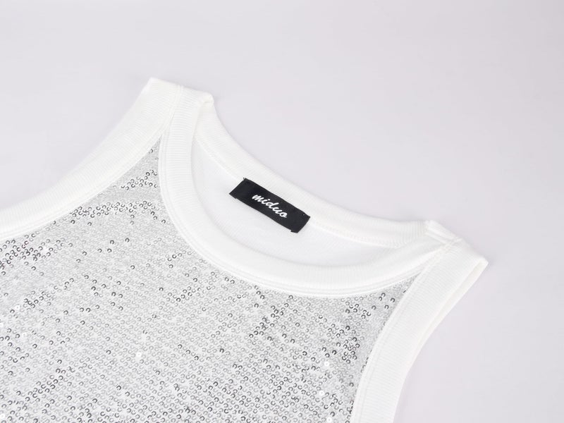 miduo Womens Summer Ribbed Knit Crewneck Glitter Sequin Tank Tops Sparkle Shimmer Sleeveless Blouse Tops Cami Shirts Silver L - Image 5