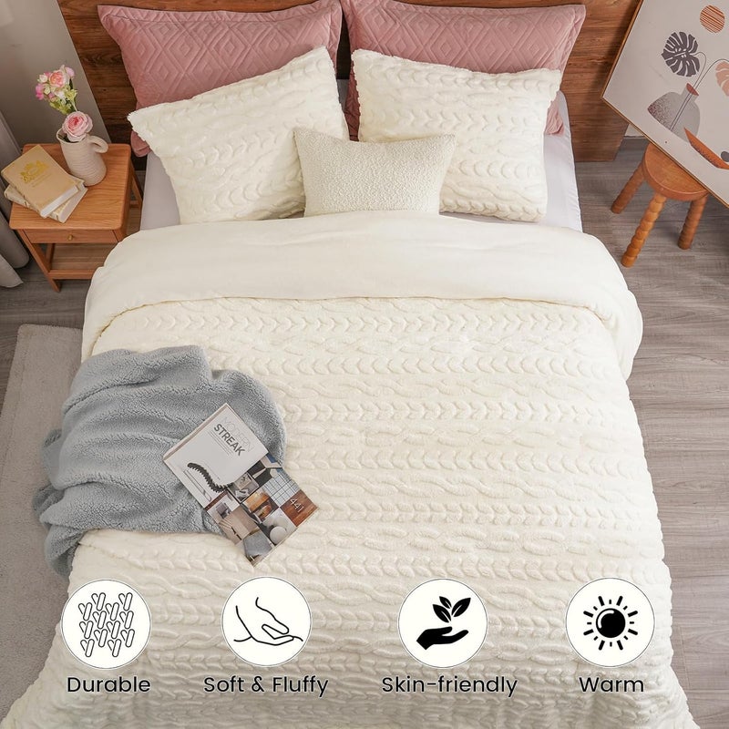 PHF 3 Piece Fluffy Sherpa Fleece King Comforter Set, Warm Fuzzy Soft Bedding for Winter, 3D Tufted Flannel Plush Shaggy Bed Set, Set includes 1 x 230cm x 265cm Comforter and 2 x 50cm x 90cm Pillowcases, Cream - Image 4