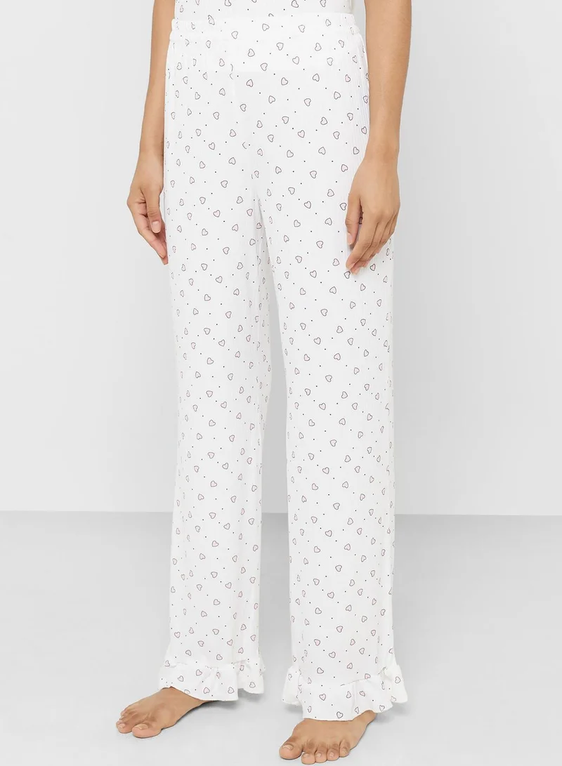 Ginger Printed Ribbed T-Shirt & Pyjama Set With Frill Detail