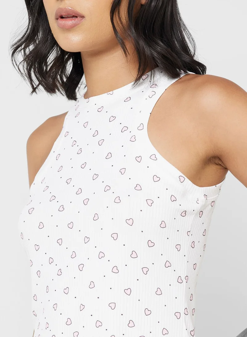 Ginger Printed Ribbed T-Shirt & Pyjama Set With Frill Detail