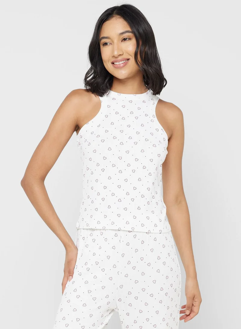 Ginger Printed Ribbed T-Shirt & Pyjama Set With Frill Detail