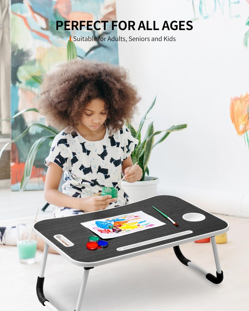 FISYOD Foldable Laptop Table, Portable Lap Desk Bed Table Tray, Laptop Stand with Cup Holder & Tablet Slot & Lifting Handle for Working Writing Drawing & Eating (Black) - Image 3