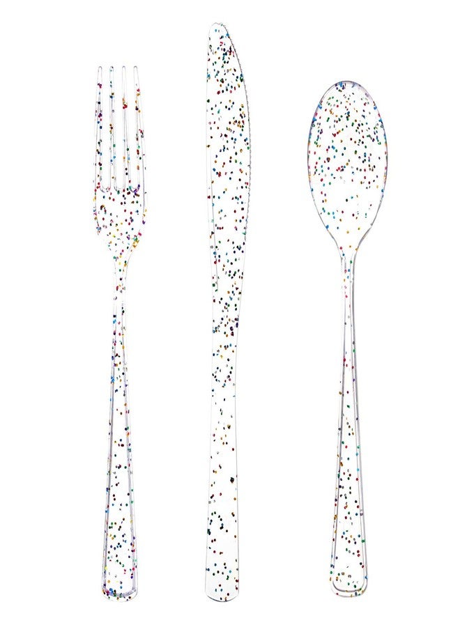 Supernal 360pcs Clear Plastic Silverware, Glitter Disposable Cutlery with Colorful Design,120 Forks,120 Knives,120 Spoons,Perfect for Parties Birthday - Image 1