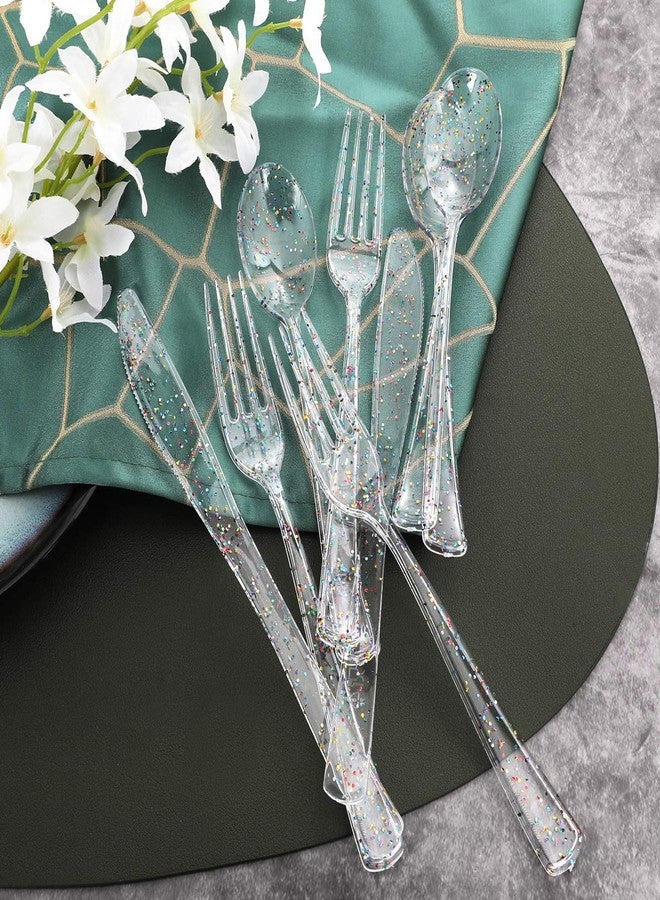 Supernal 360pcs Clear Plastic Silverware, Glitter Disposable Cutlery with Colorful Design,120 Forks,120 Knives,120 Spoons,Perfect for Parties Birthday - Image 3