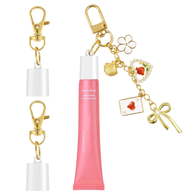Maoolmht Keychain Cap Compatible with Summer Fridays 0.5 oz Lip Balm, 3 Pack Lip Gloss Keychain Compatible with LANGIGE 0.35 oz Lip Balm (Gold Bow) - Image 1