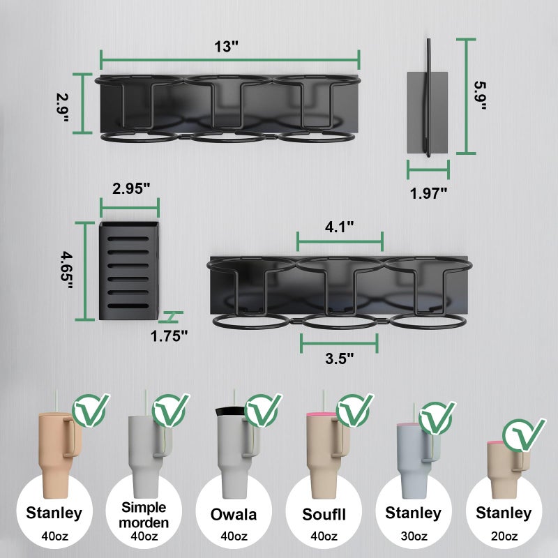 Aufworld Magnetic Cup Holder for Fridge, Aufworld Tumbler Organizer Fits 20/30/40 oz Stanley Cups, Accessory Storage with Lid & Straw Holder, Space-Saving Storage Rack for Kitchen Fridge (Black-Cup Holder Set) - Image 3